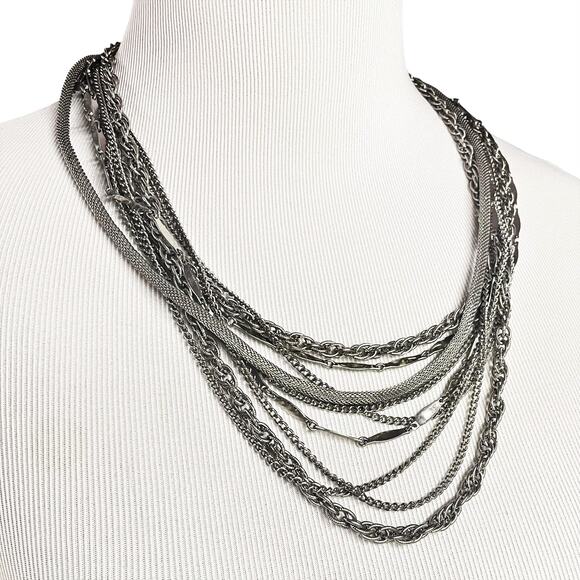 Multi-Strand Layered Chain Silver-Tone Necklace 23" Heavy Chunky - Picture 1 of 7